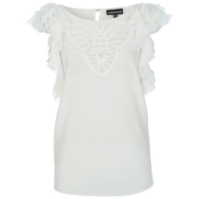 Warehouse Cream Ruffle Shoulder Blouse