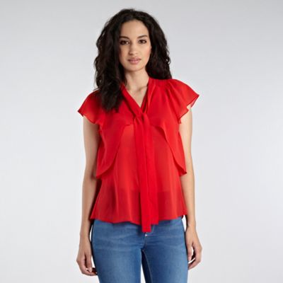 Red tie neck frill blouse