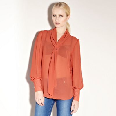 Warehouse Orange Cowl Pussy Bow Blouse