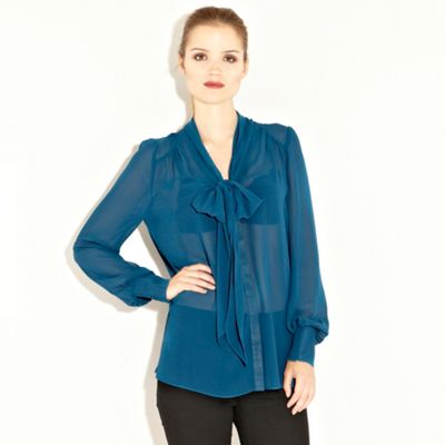 Warehouse Blue Yoke Detail Pussy Bow Blouse