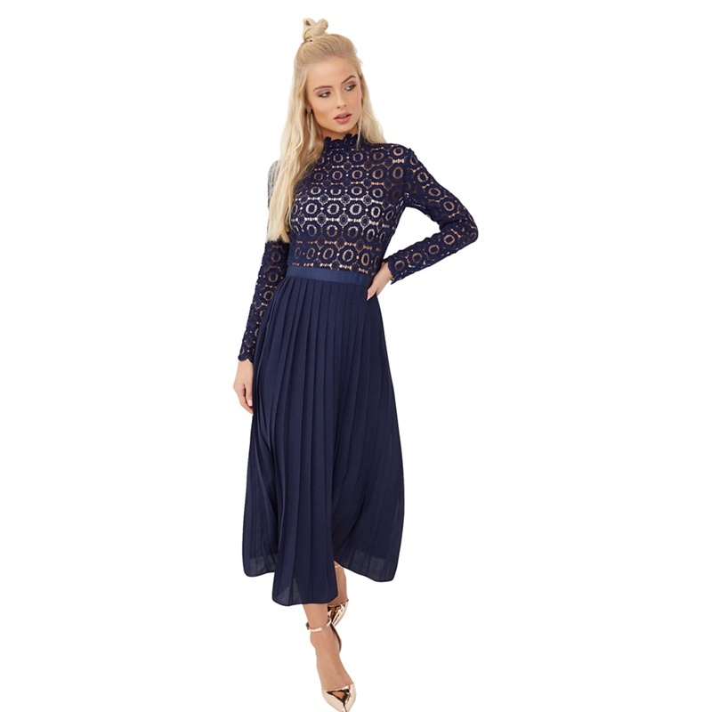 Little Mistress - Navy Crochet Lace Midi Dress With Pleats Review