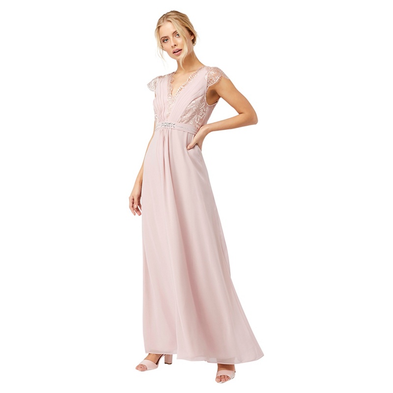 Sila Long Sleeve Embellished Maxi Dress in Blush Pink – Lace & Beads