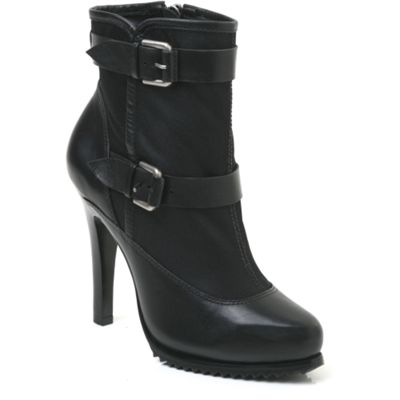 Black 'Sewn' Leather/Textile Ankle Boot