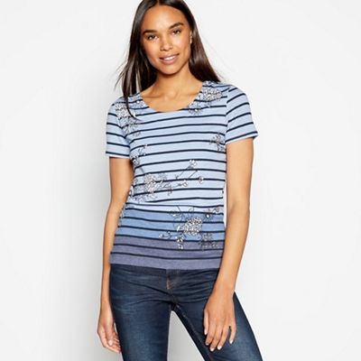 Pale Blue Stripe and Floral Print Cotton Blend Top