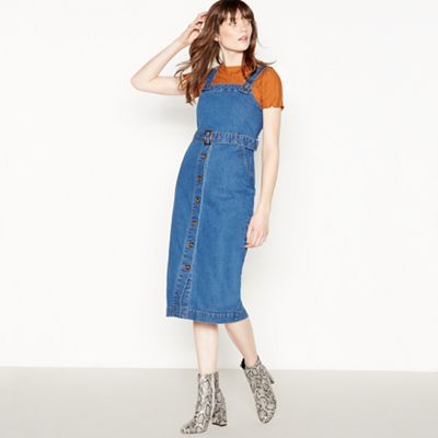 red denim pinafore dress