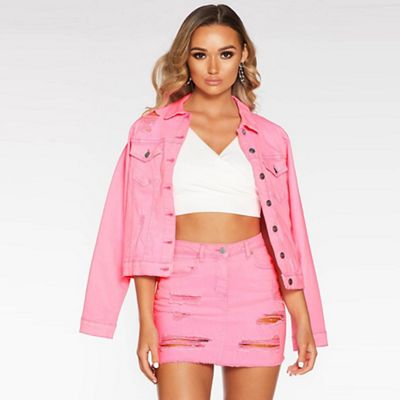 pink denim jacket and skirt