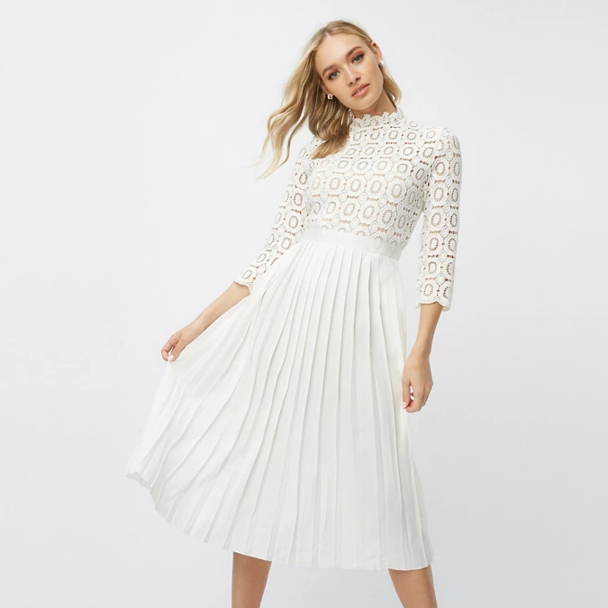 White Alice White 3/4 Sleeves Crochet Top Midi Dress with Pleated Skirt