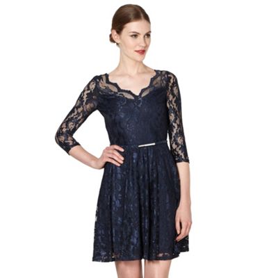 Designer navy lace fit and flare dress