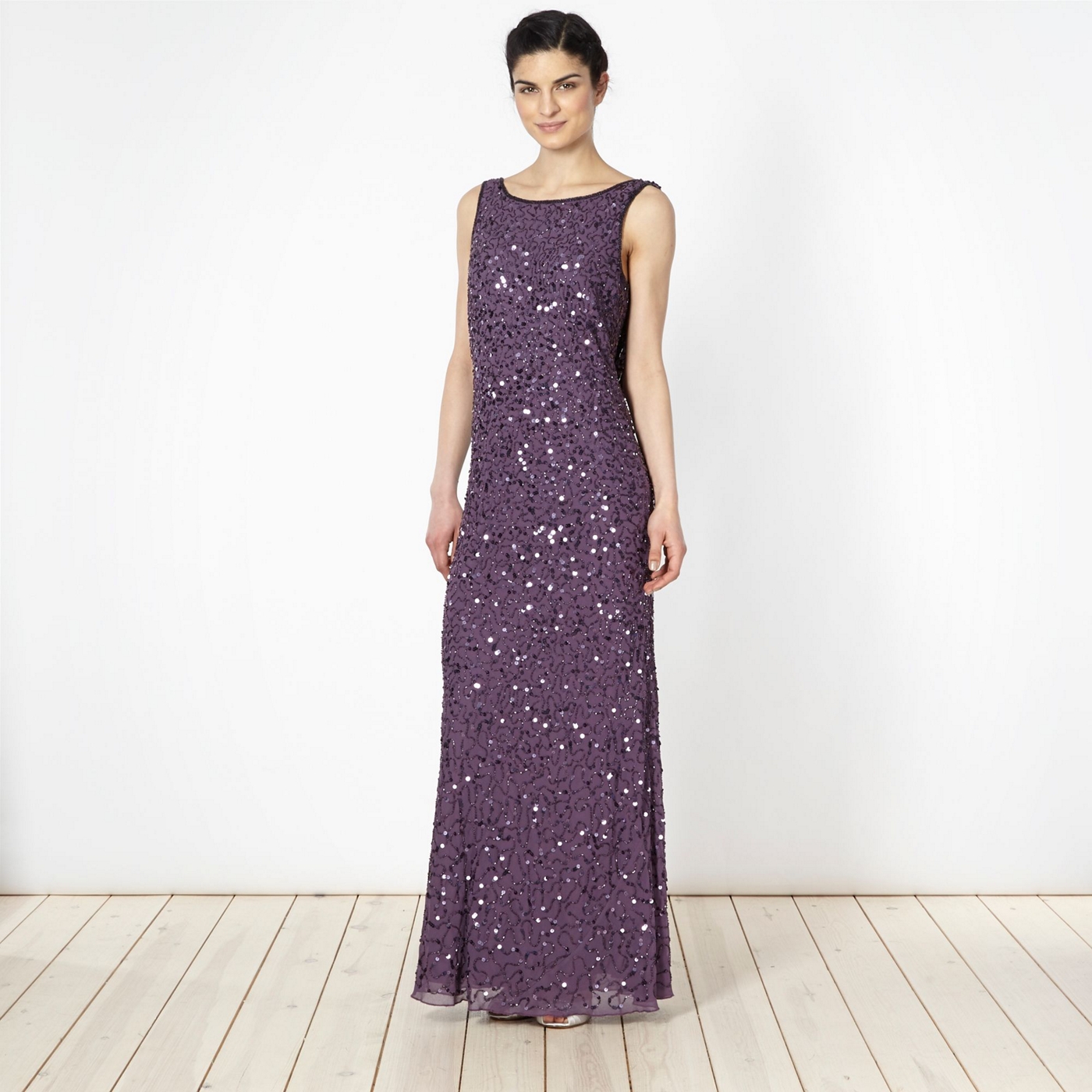 Debut Dark mauve beaded cowl back maxi dress