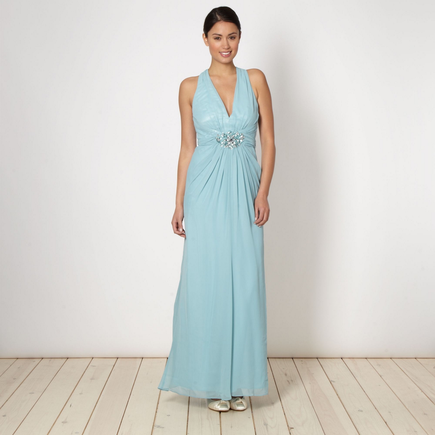 No. 1 Jenny Packham Designer aqua embellished cross over maxi dress