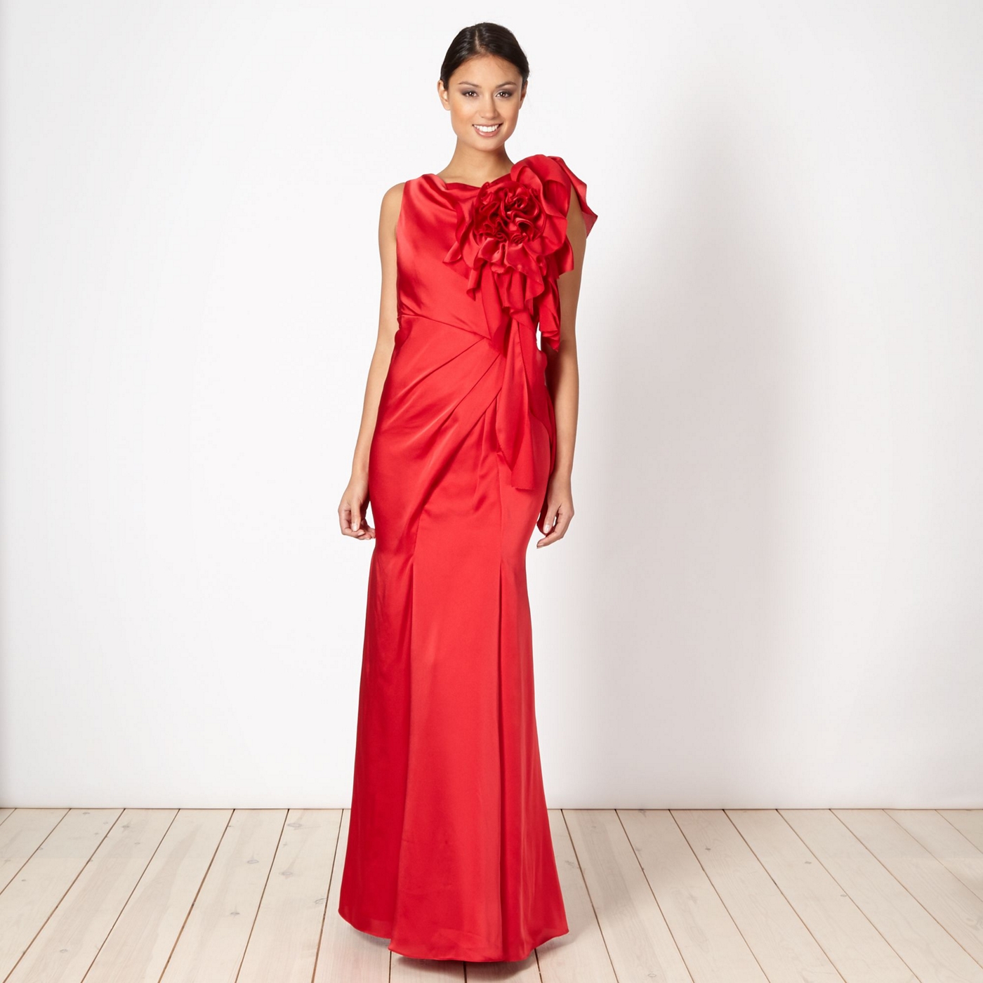 No. 1 Jenny Packham Designer red satin draped corsage maxi dress