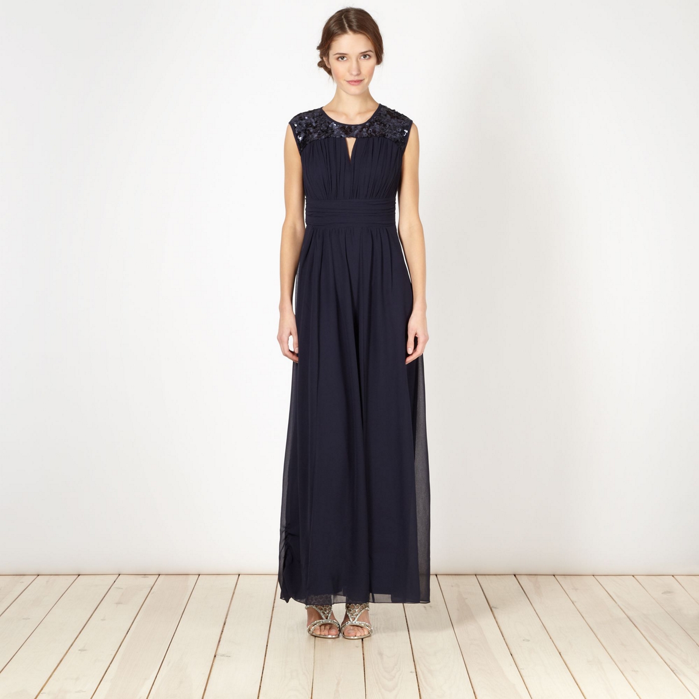 Debut Navy sequin chiffon pleat maxi dress