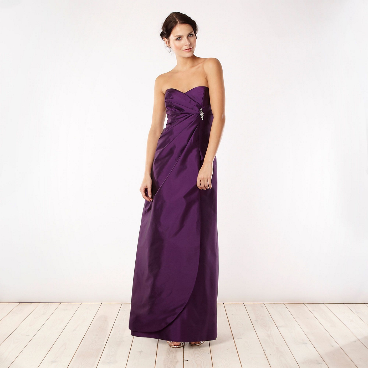 Debut Purple brooch detail bandeau maxi ball gown