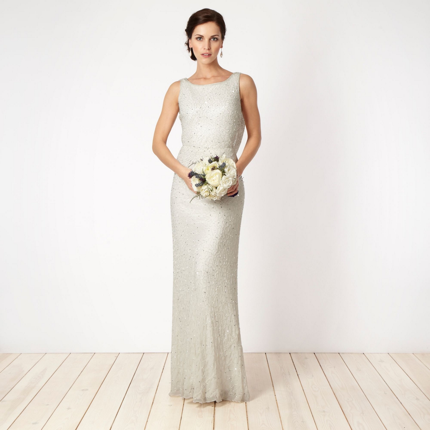 Debut Ivory beaded cowl back maxi dress