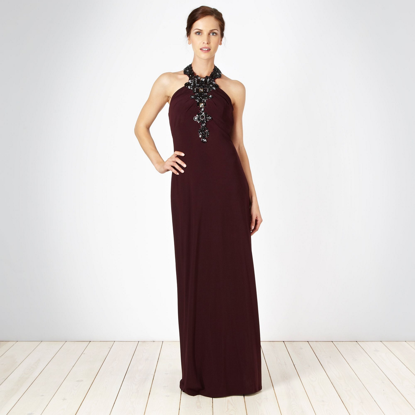 No. 1 Jenny Packham Designer burgundy beaded halter neck maxi dress