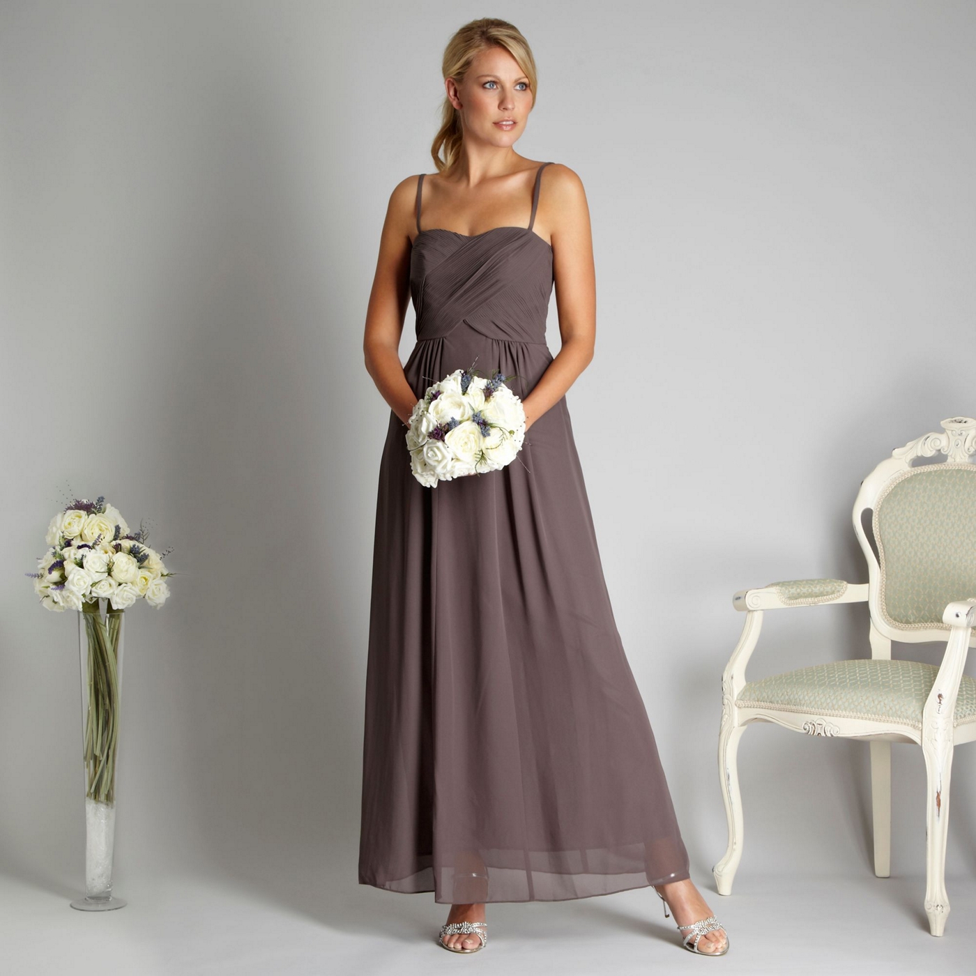 Debut Light brown cross over pleat bandeau maxi dress