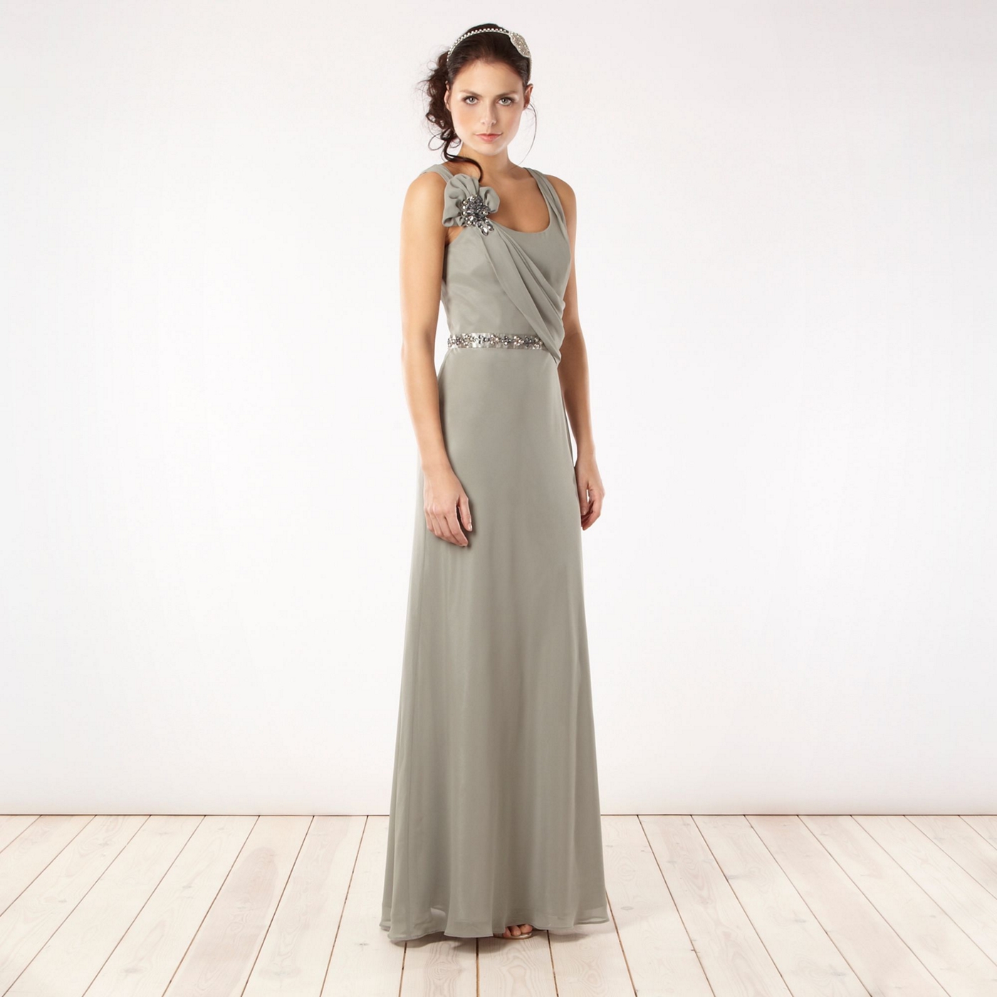 No. 1 Jenny Packham Online exclusive light green asymmetric draped maxi dress