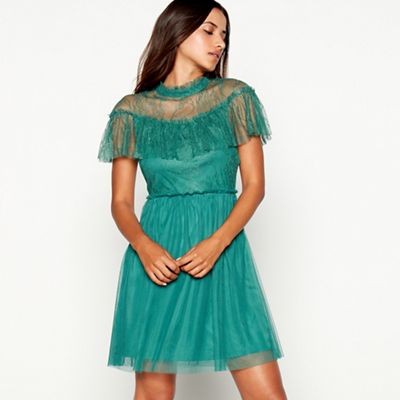 Vila - Green lace high neck short sleeve mini dress