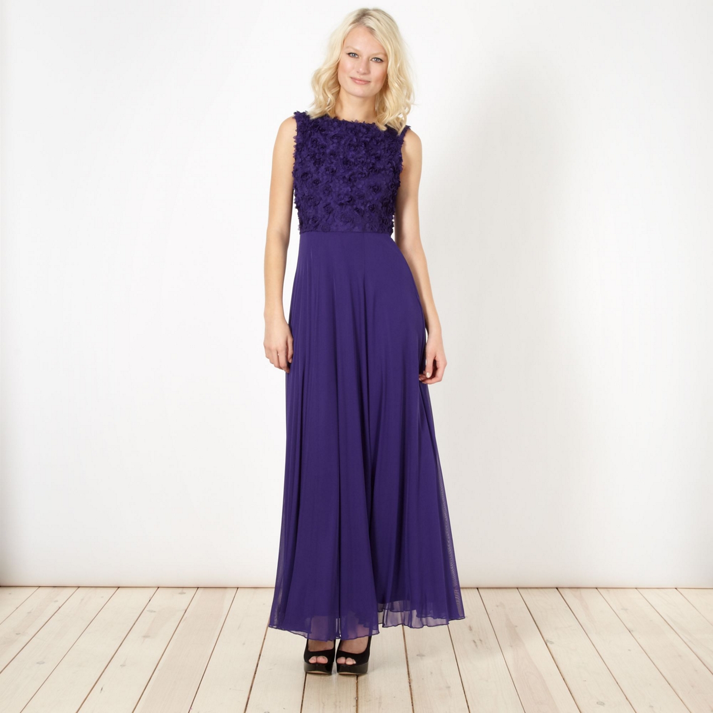 Diamond by Julien Macdonald Designer purple petal trim maxi dress