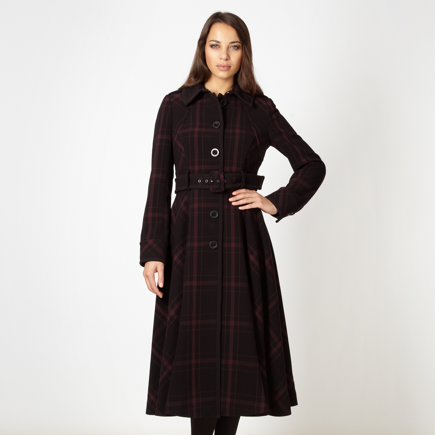 J by Jasper Conran Designer wine checked fit and flare coat