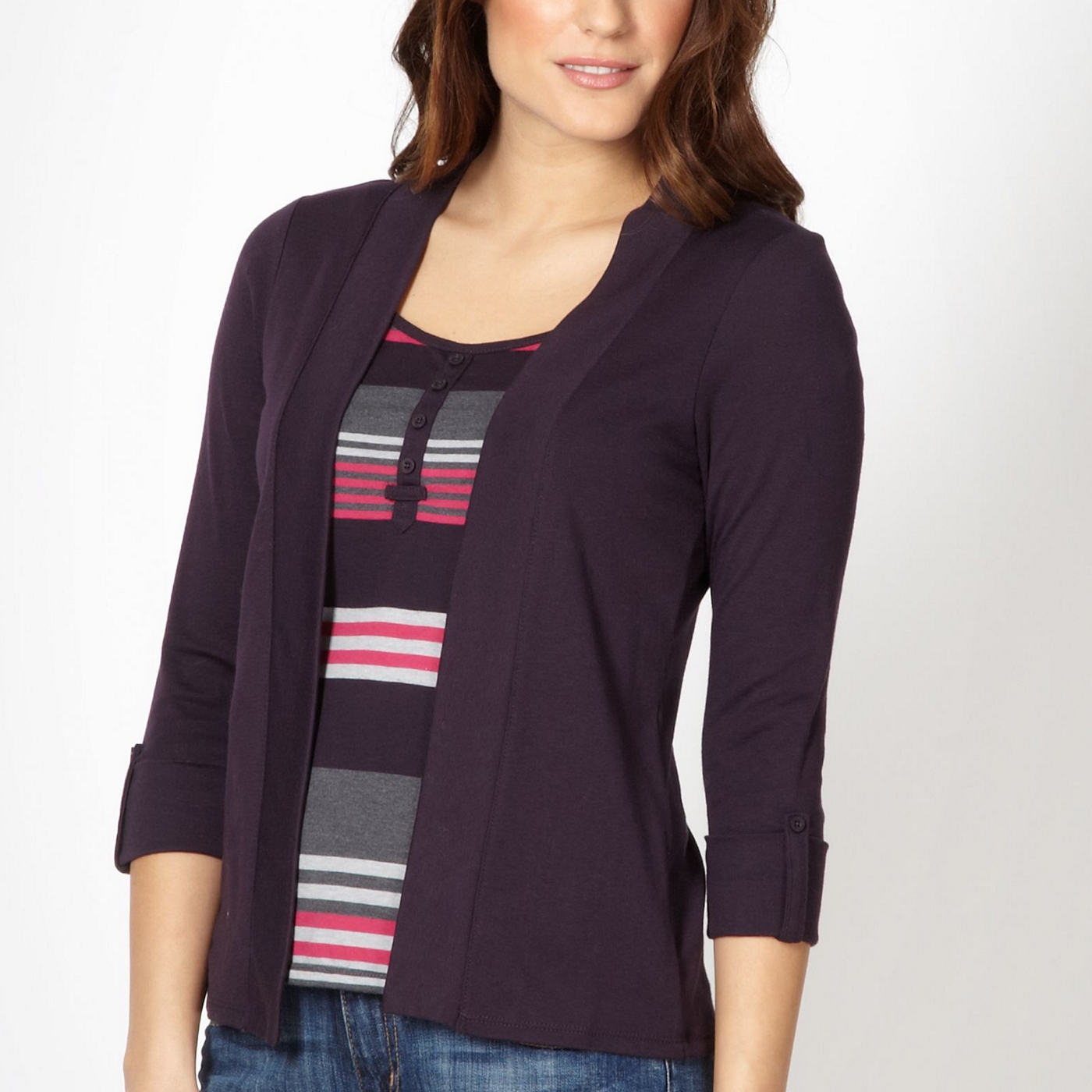 Maine New England Plum 2 in 1 striped top and cardigan