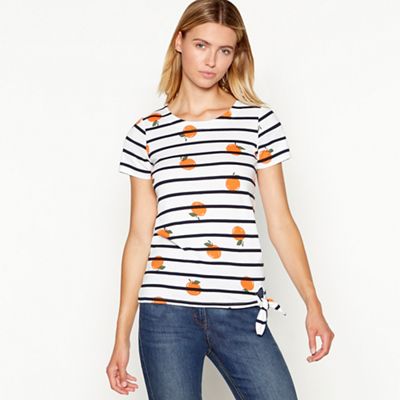Maine New England - White striped orange print self tie top