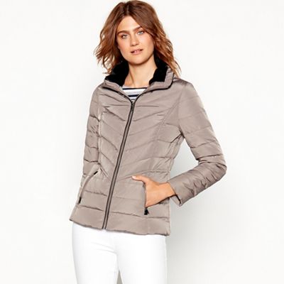 Maine New England - Taupe fur trim hooded padded down jacket