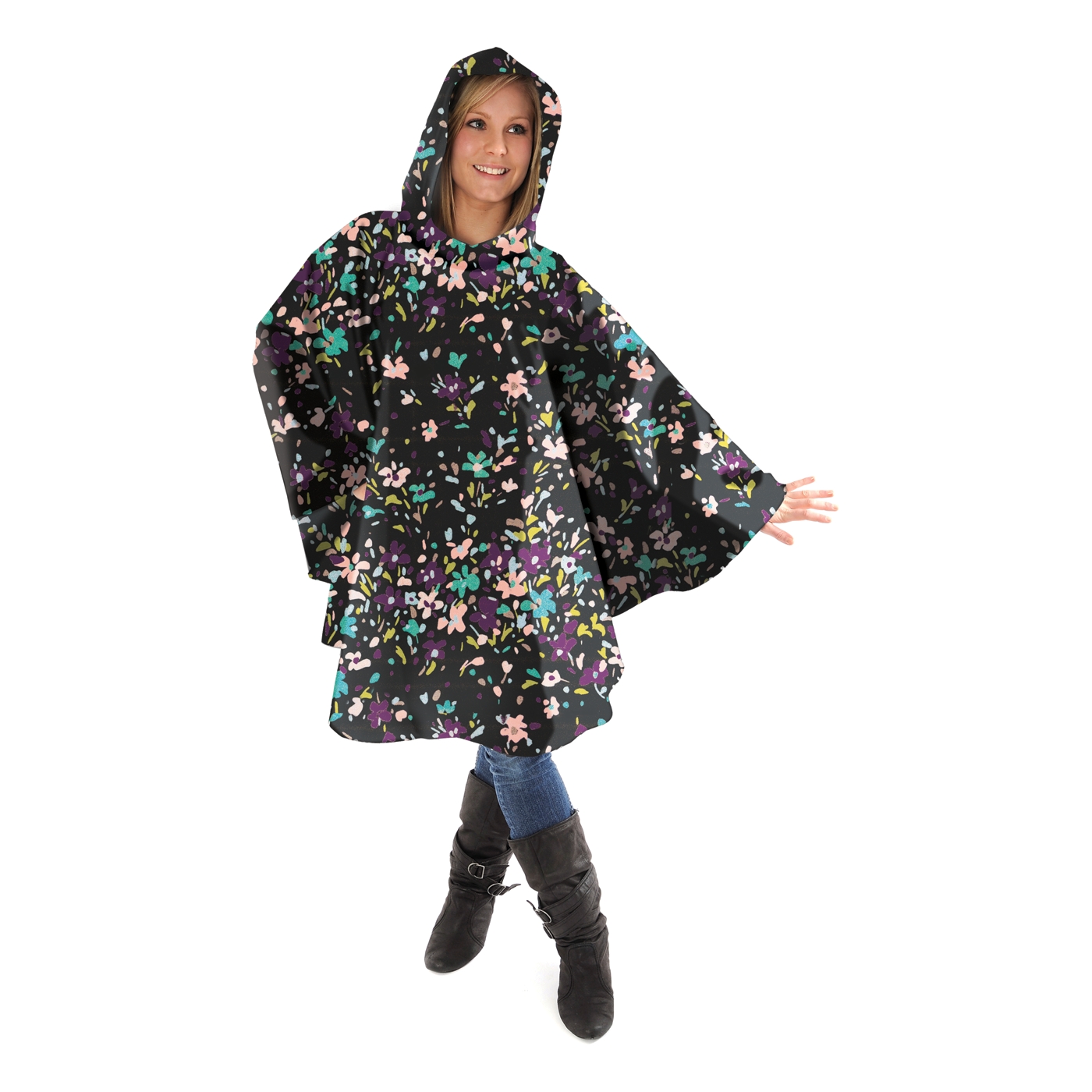 Totes Painted floral print rain poncho with self front pocket