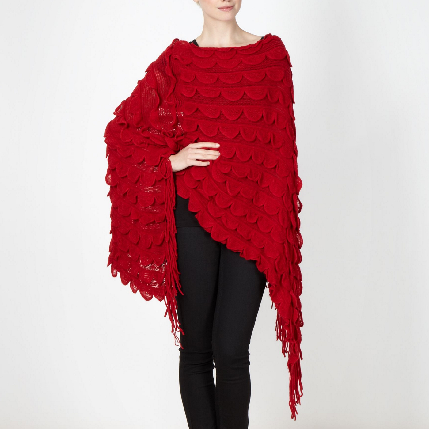 The Collection Red scalloped knitted poncho