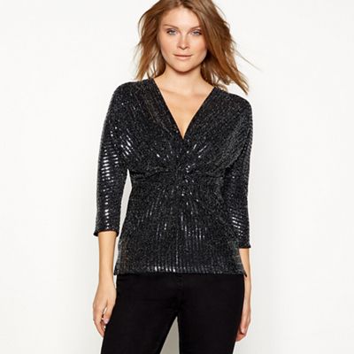 The Collection - Silver sequin stripe twist front 3/4 length sleeve top