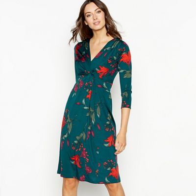 The Collection - Bottle green floral print twist front knee length dress