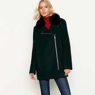 The Collection - Dark green faux fur collar biker coat