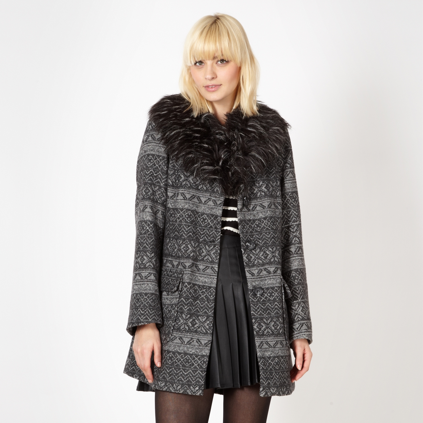 H by Henry Holland Designer dark grey faux fur trim aztec coat