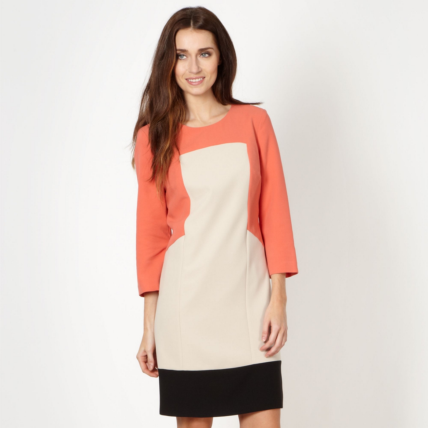 Principles Petite by Ben de Lisi Petite designer peach colour block shift dress