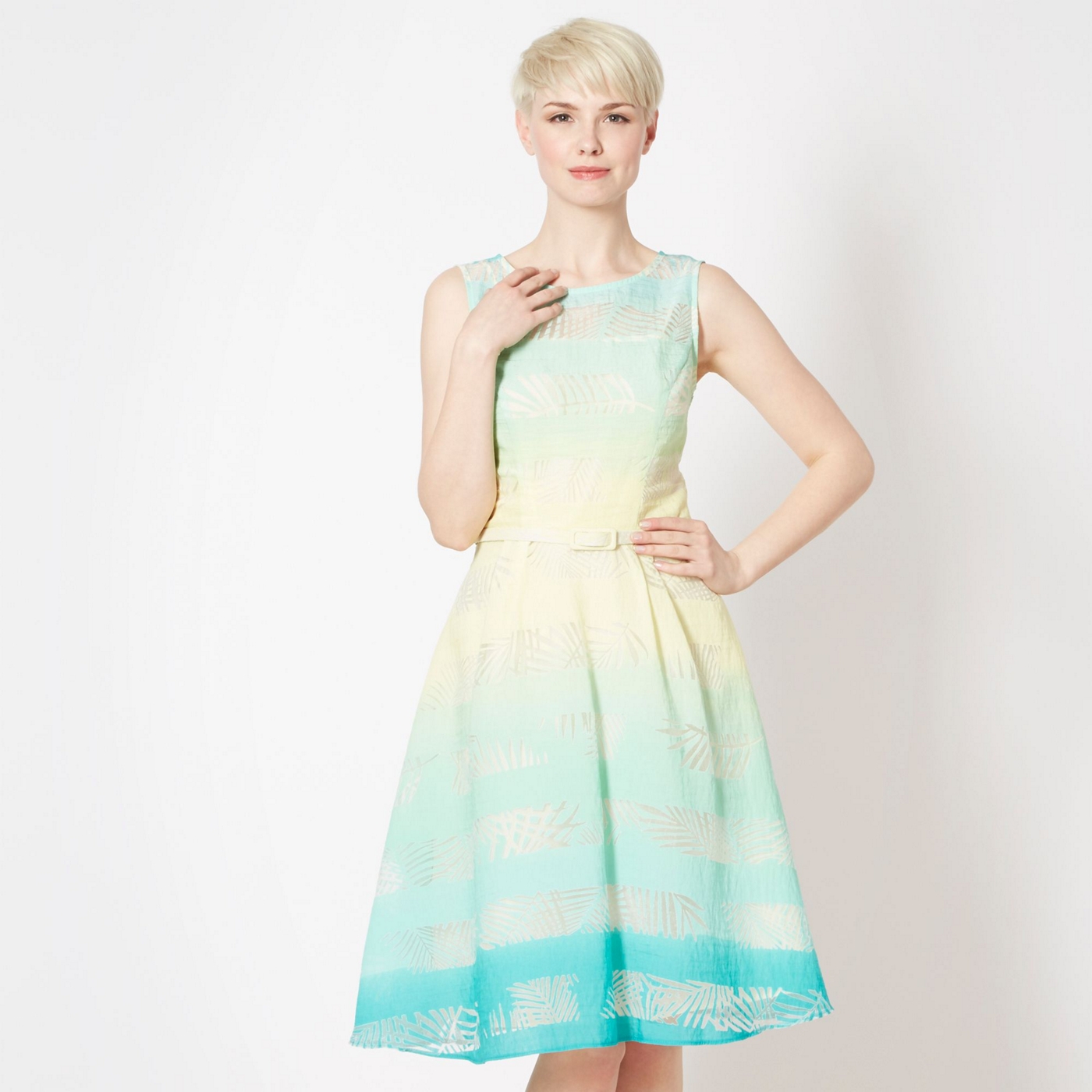 Principles by Ben de Lisi Designer pale green palm print prom dress