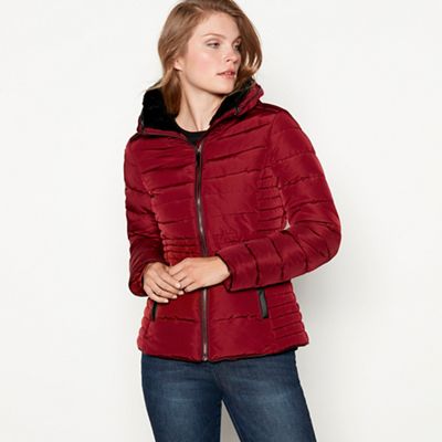 Principles - Wine red faux fur collar quilted puffer jacket