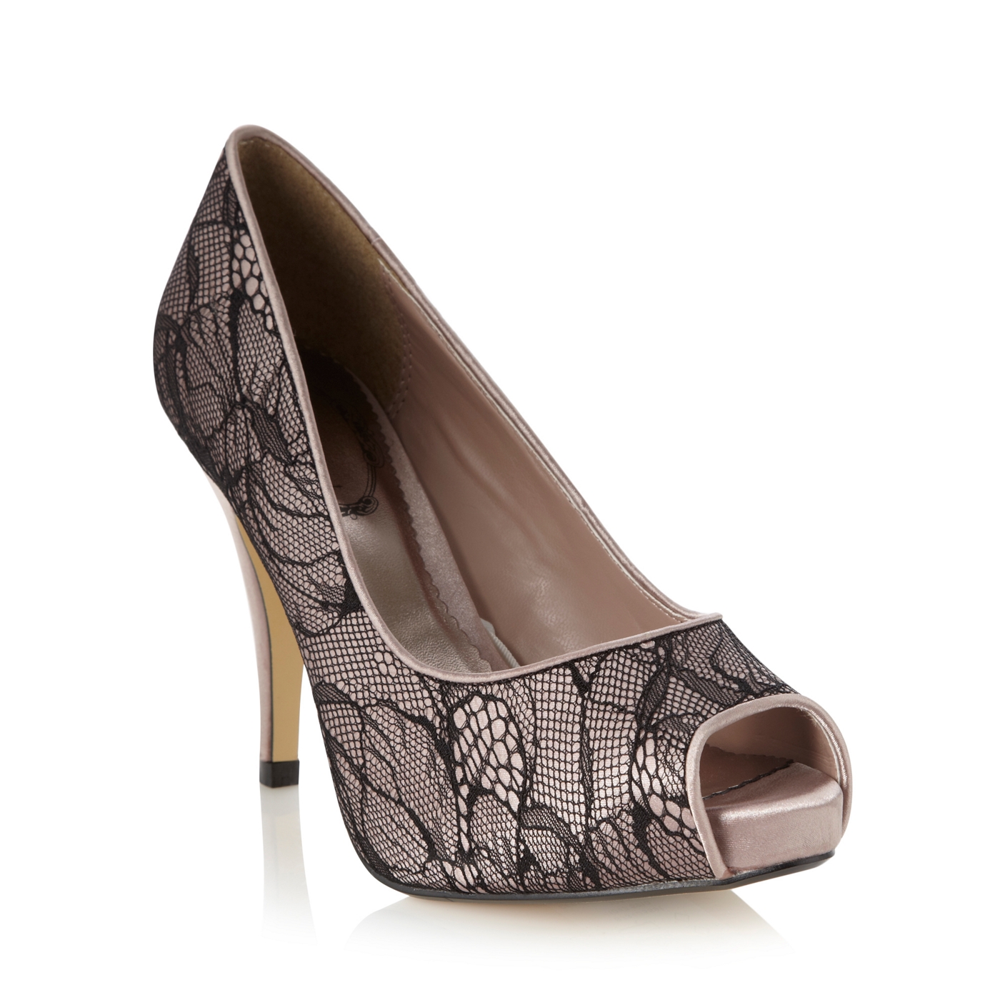 Debut Taupe satin lace high court shoes