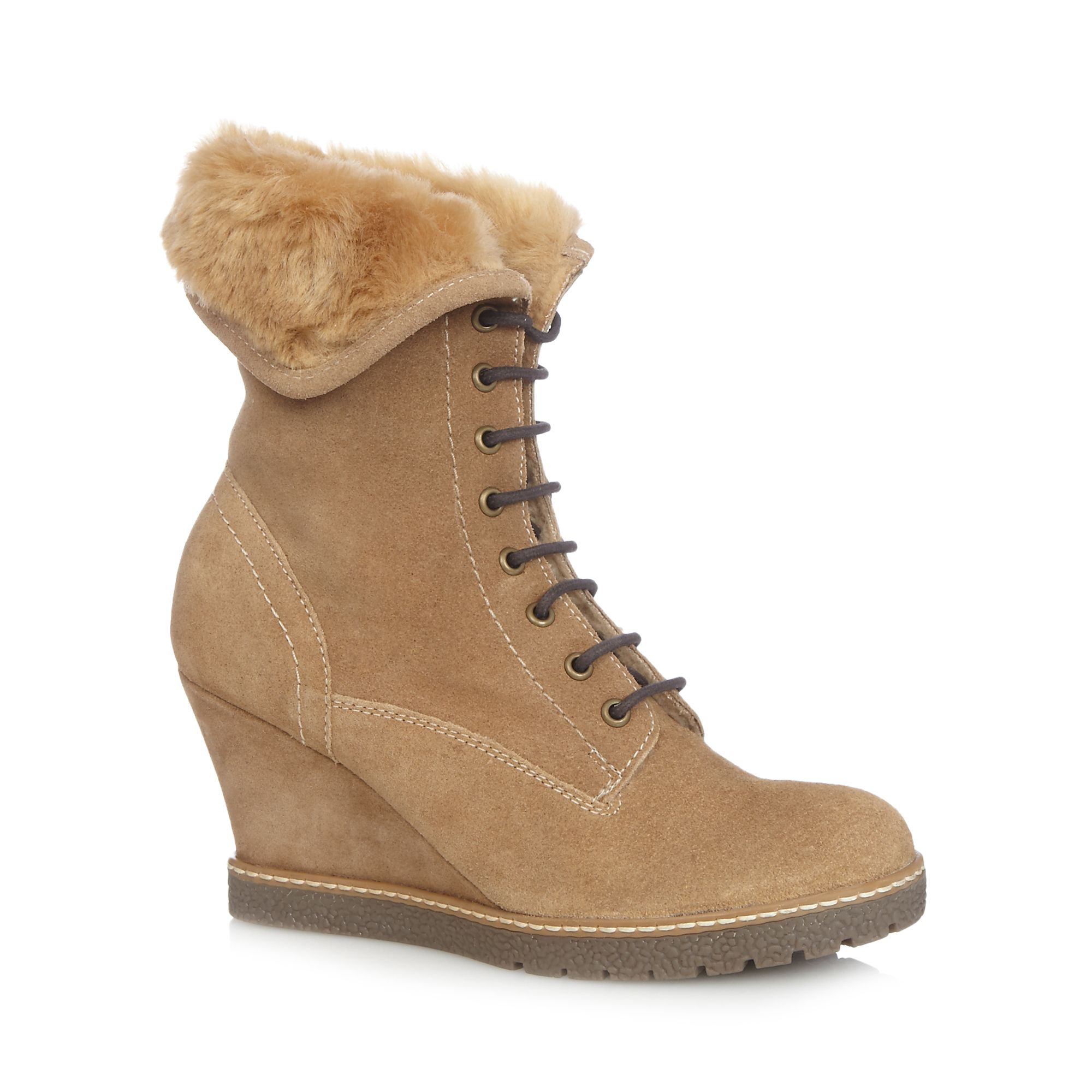Mantaray Womens Tan Faux Fur Cuff Suede Wedge Ankle Boots From ...
