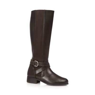 The Collection Brown leather buckled strap mid heeled high leg boots ...