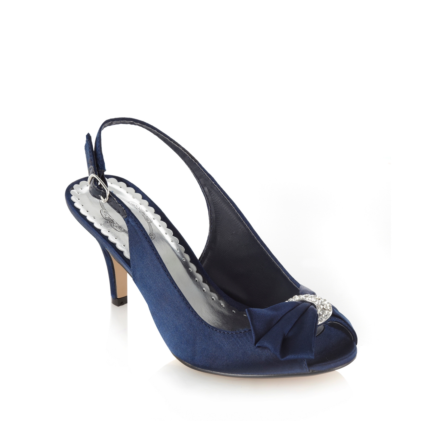 Debut Navy satin mid heel slingback court shoes