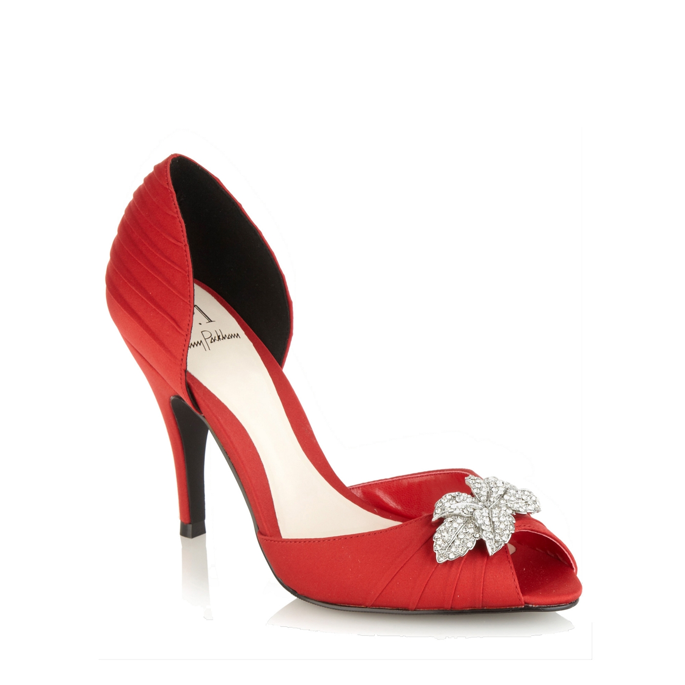 No. 1 Jenny Packham Red high heel satin court shoes with diamante leaf trim