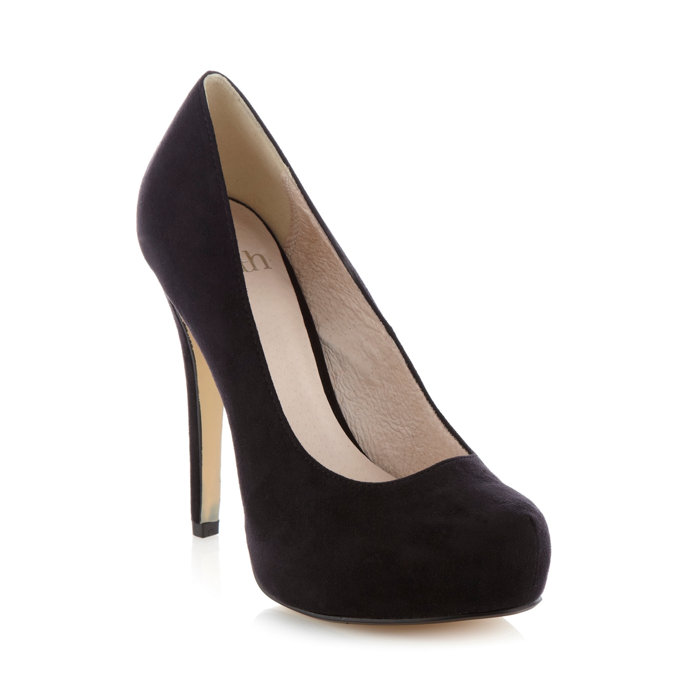 Faith Black microfibre high heeled platform court shoes