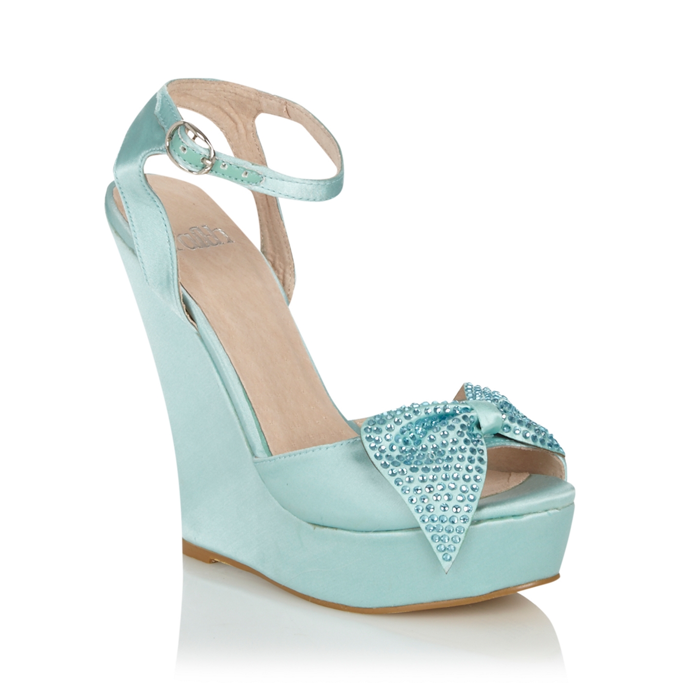 Faith Aqua diamante bow high wedge heeled peep toe sandals