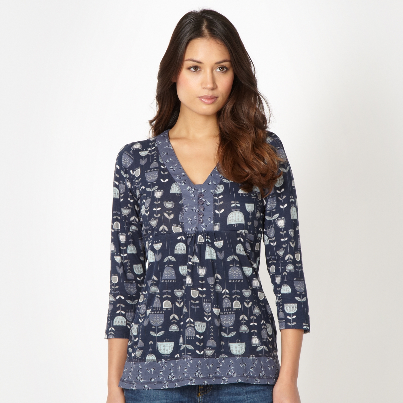 Mantaray Navy floral button neck top