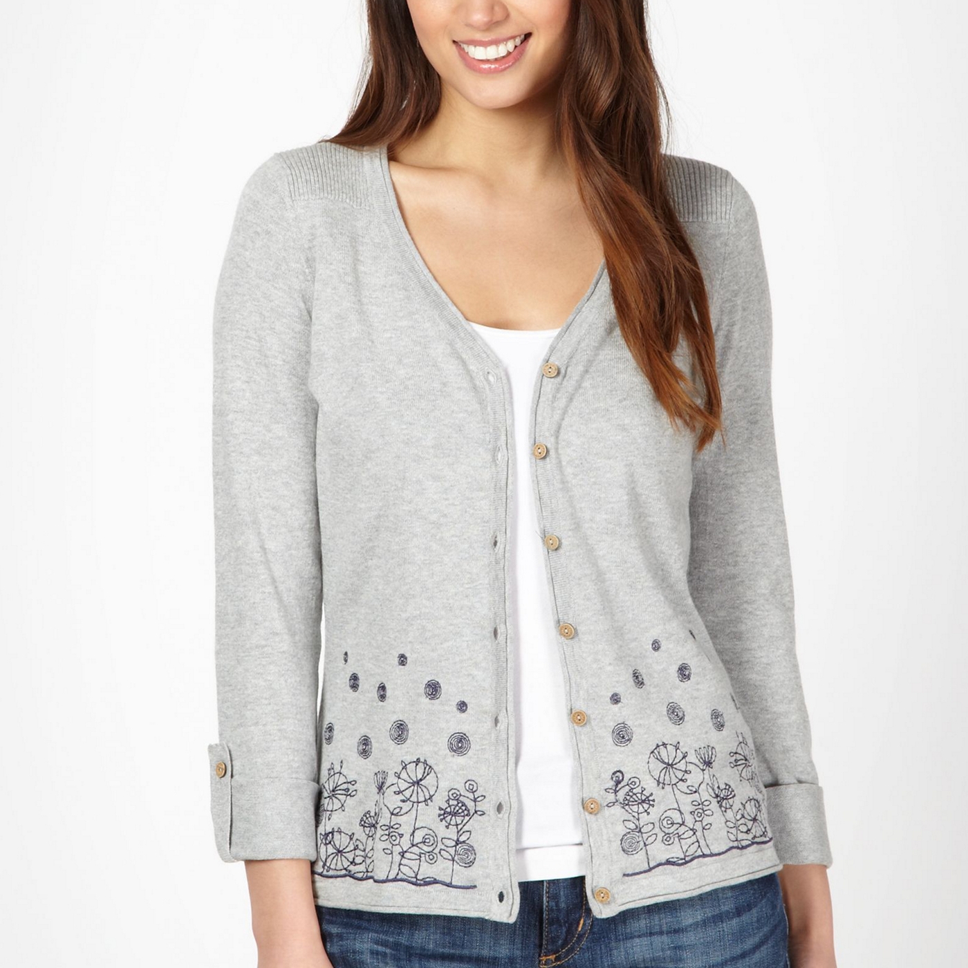 Mantaray Grey embroidered floral border cardigan