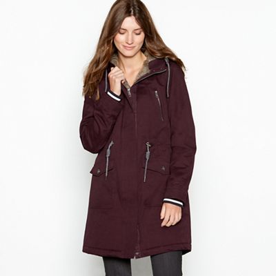 Mantaray - Wine red faux fur hood waxy parka coat