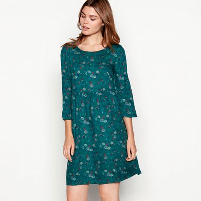 Mantaray - Dark green floral print round neck mini smock dress