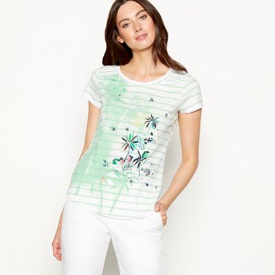 Mantaray - Dark green striped tropical print cotton t-shirt