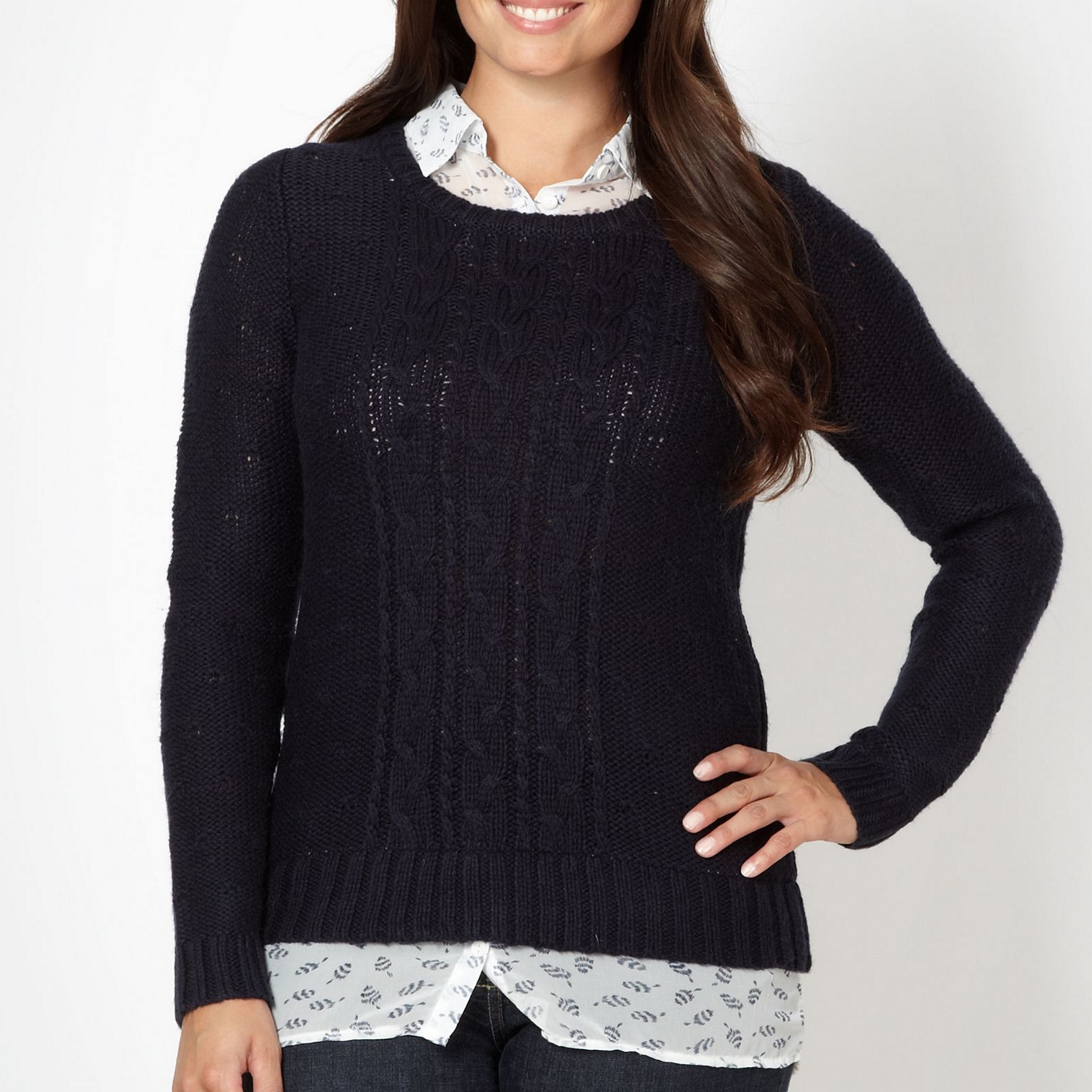 The Collection Navy cable knit mock shirt collar jumper