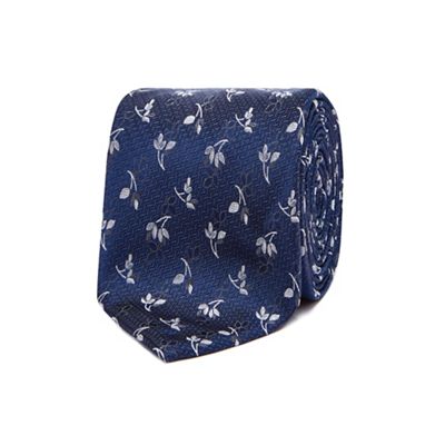 The Collection - Navy leaf embroidered silk tie